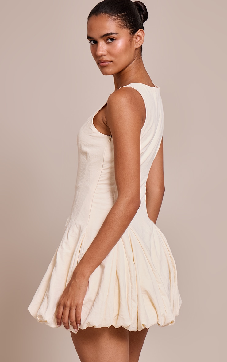Cream Textured Scoop Neck Puffball Dress image 2