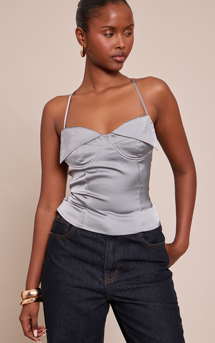 Charcoal Satin Fold Over Detail Strappy Long Top Tops PLT