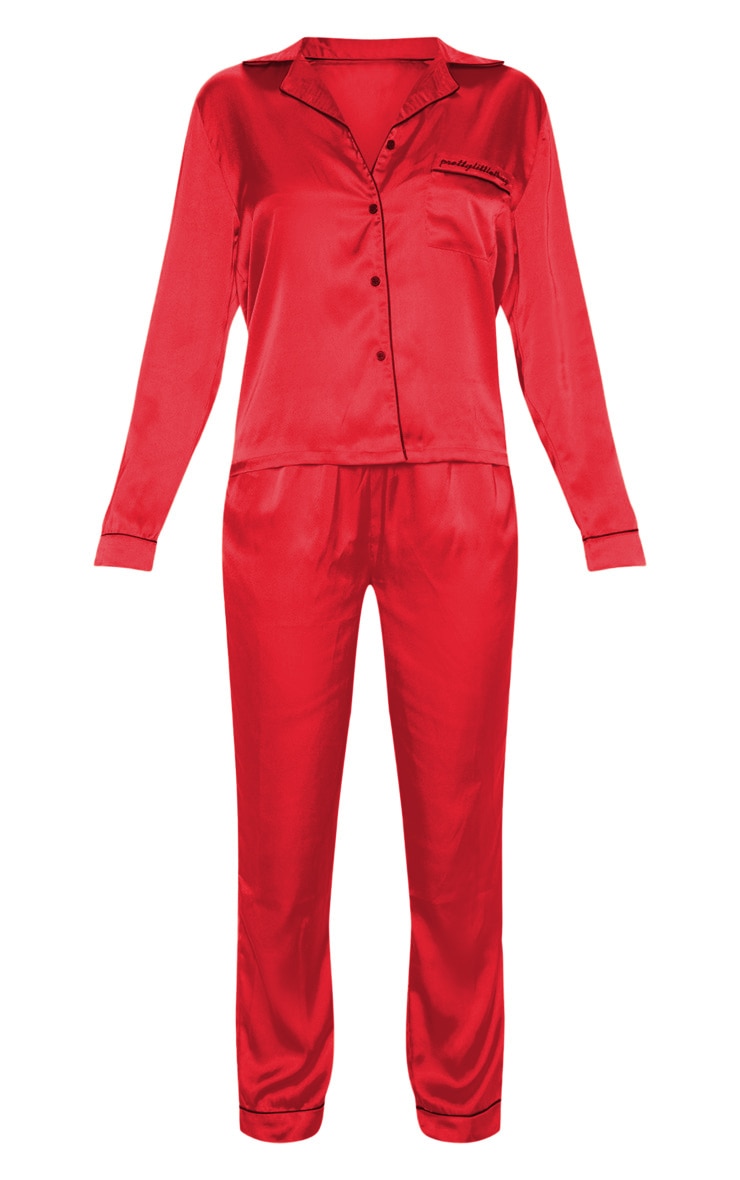 PRETTYLITTLETHING Red Satin Pocket Long PJ Set image 3