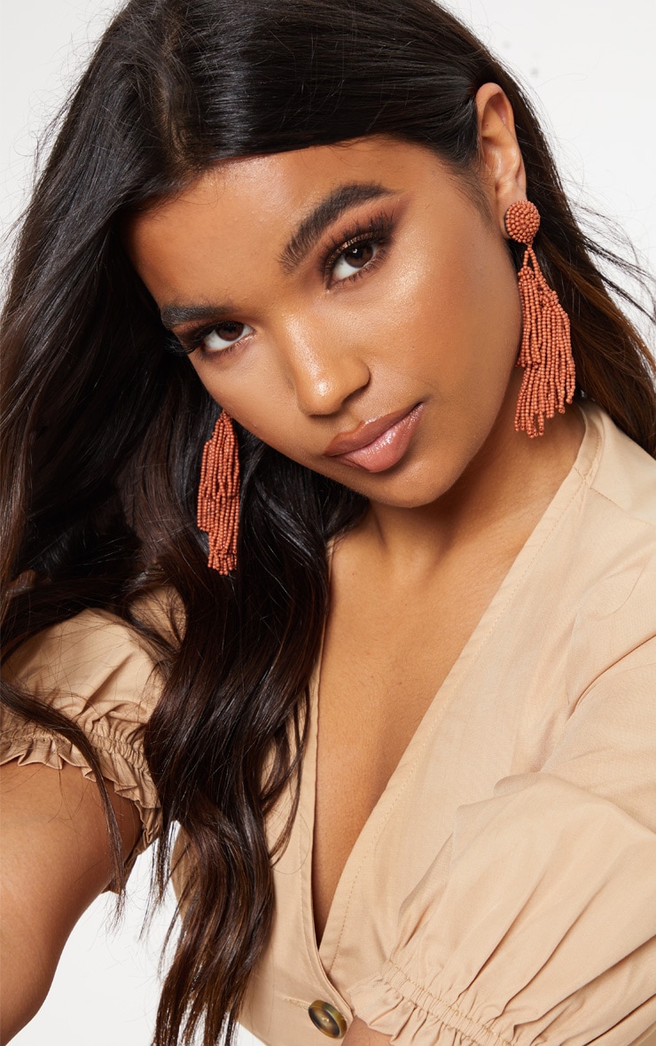 Orange Irregular Beaded Tassel Earrings