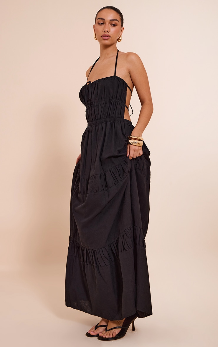 Black Ruched Backless Strappy Maxi Dress image 3