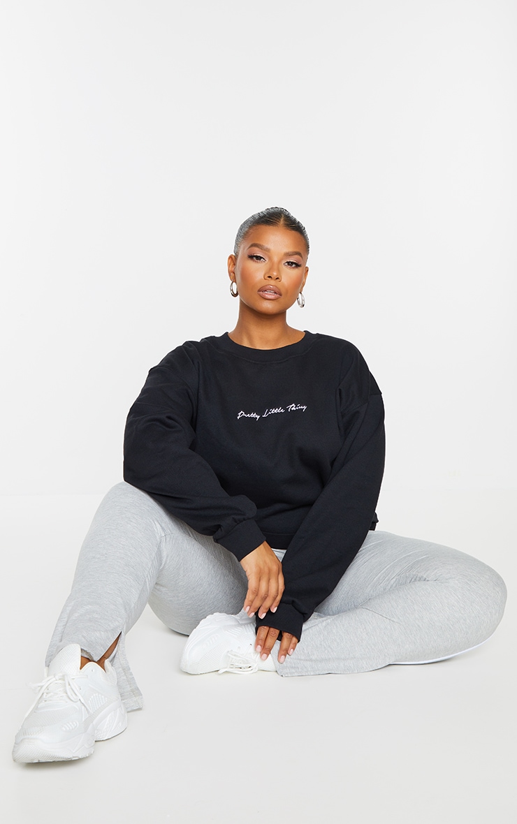PRETTYLITTLETHING Plus Black Embroidered Sweat | Plus Size ...