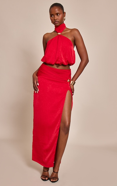 Red Hardware Detail Split Detail Maxi Skirt