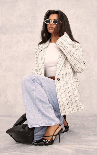 White Textured Check Blazer
