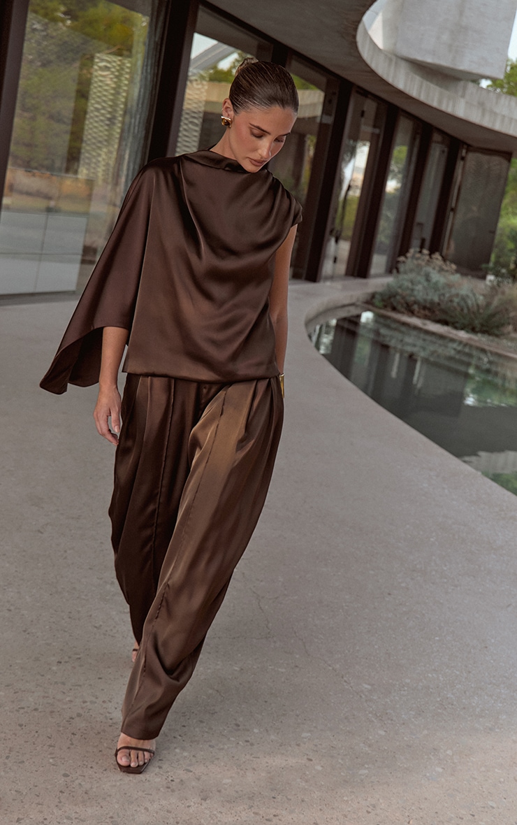 Dark Chocolate Satin One Sleeve Draped Top image 5