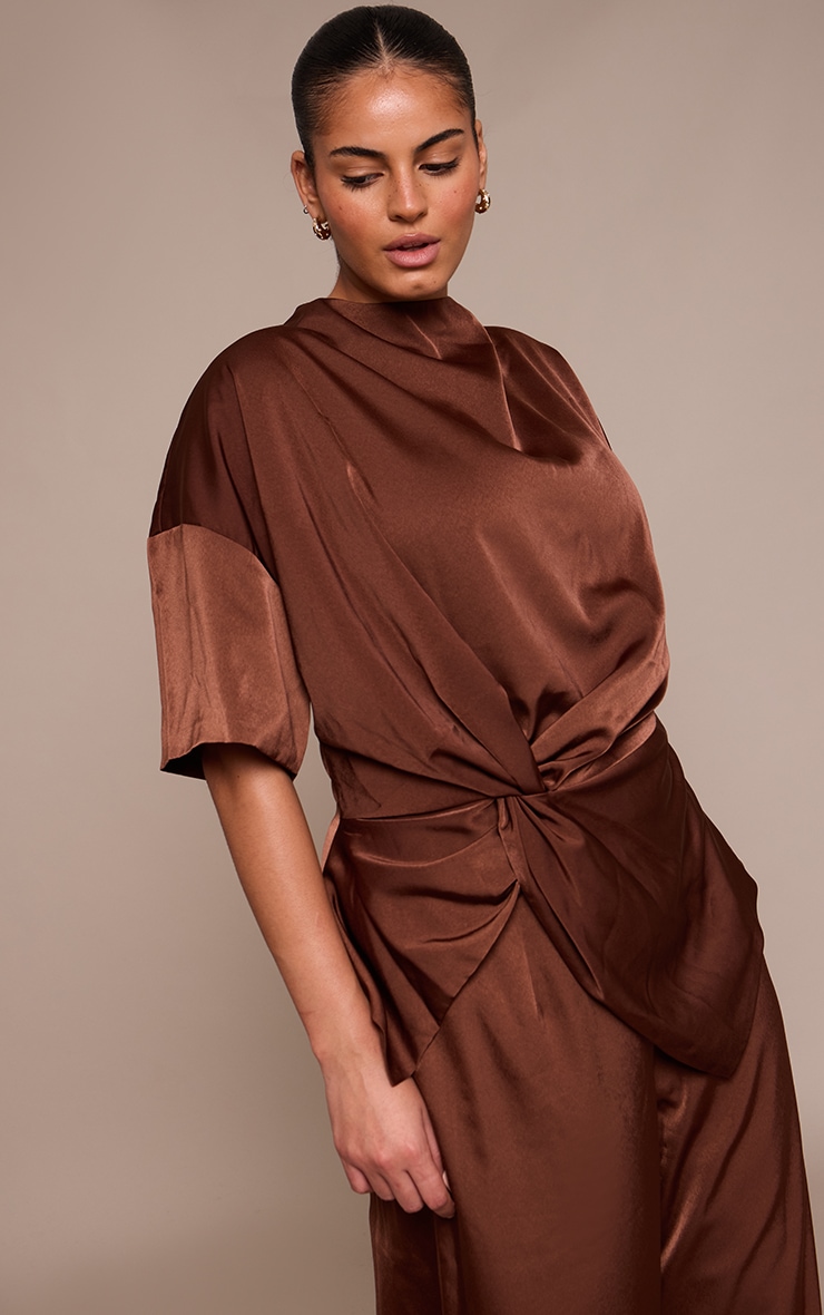 Plus Chocolate Satin Twist Detail Woven Top image 4