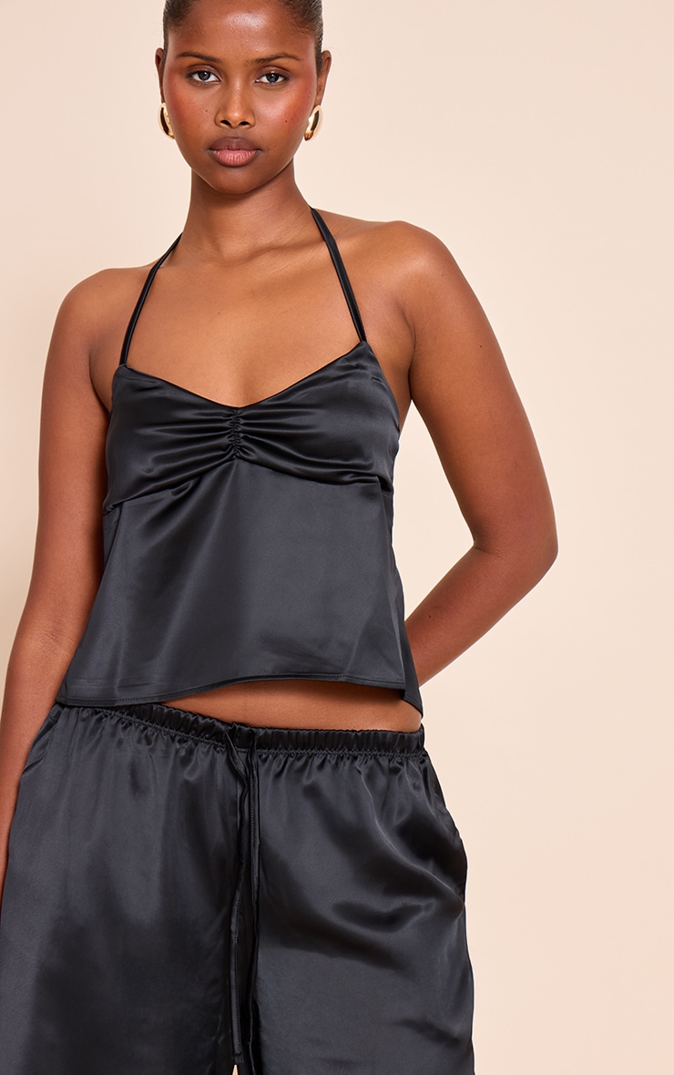 Black Satin Ruched Backless Tie Cami Top image 1