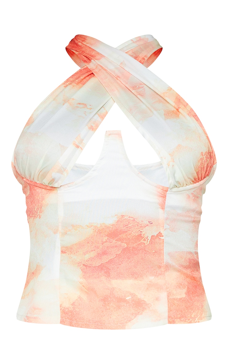 Orange Woven Abstract Tie Dye Print Underbust Halterneck Cross Over Zip Crop Top image 5