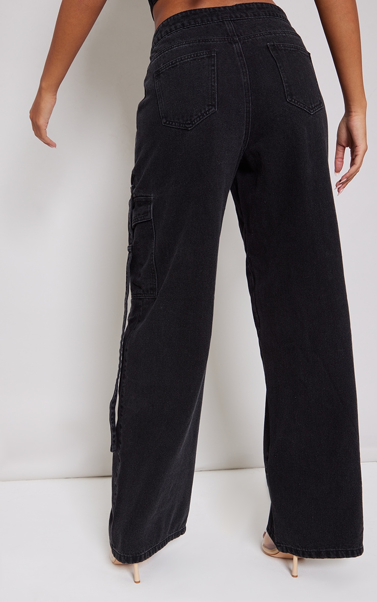 Tall Washed Black Mid Rise Denim Wide Leg Cargo Jeans image 3