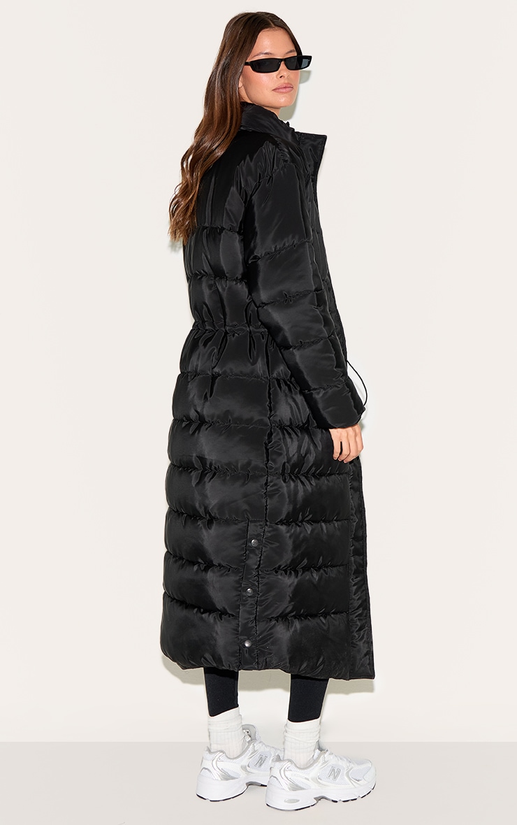 Black Maxi Cinched Waist Puffer Coat image 2
