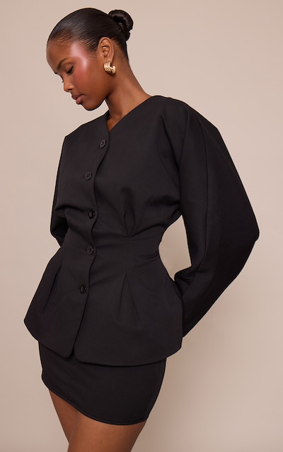 Black Cinched Waist Button Up Blazer
