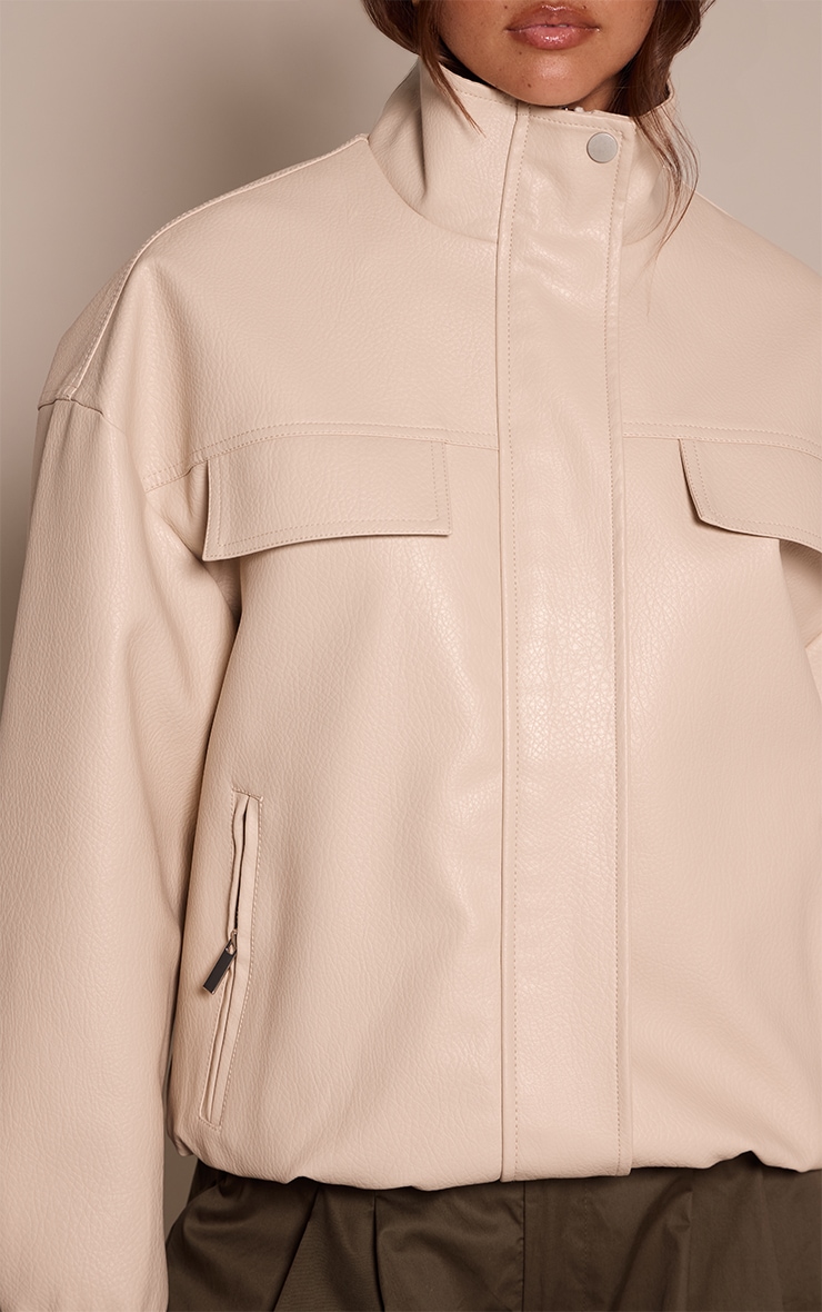 Stone Funnel Neck Concealed Placket Faux Leather Jacket image 4