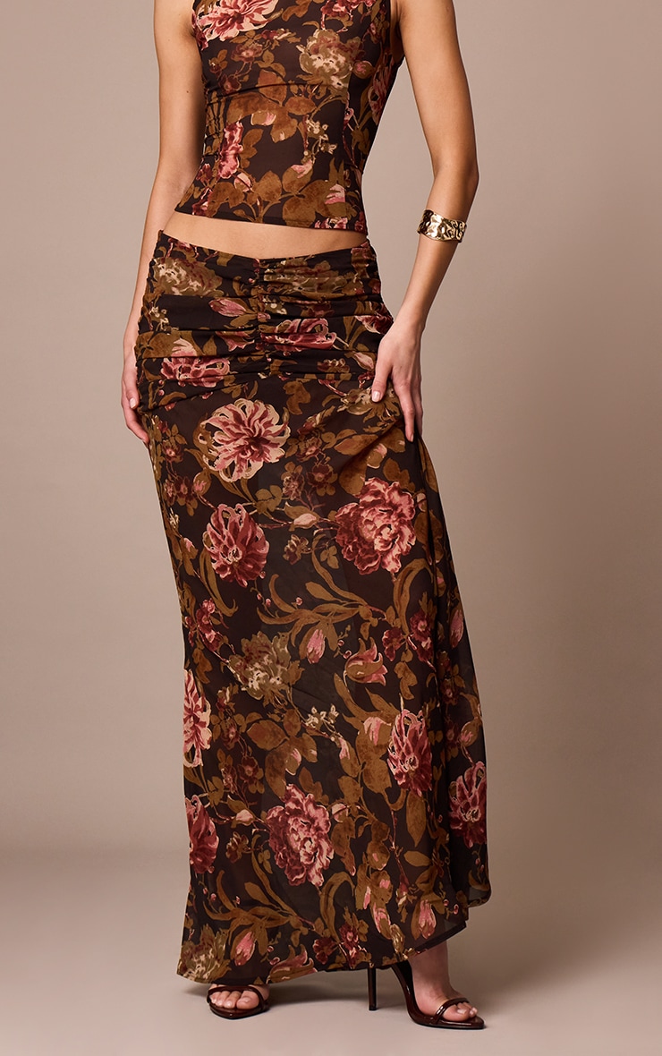 Black Floral Printed Chiffon Ruched Detail Maxi Skirt image 2