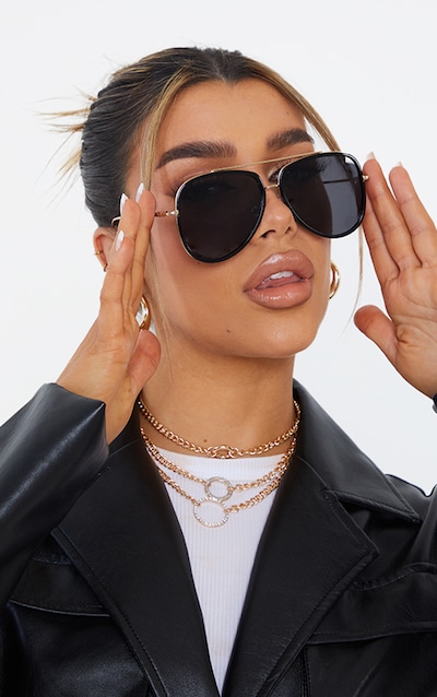 Black Oversized Gold Detail Aviator Sunglasses
