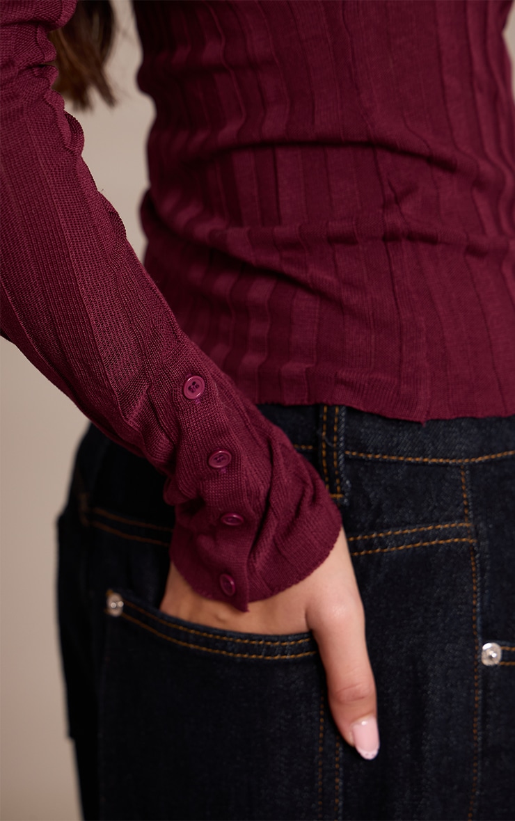 Burgundy Ribbed Sheer Knit Polo Top image 4