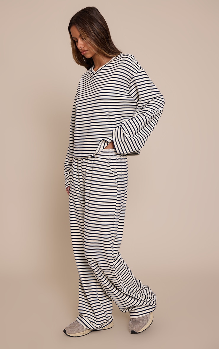 Petite Cream Stripe Soft Touch Drawstring Wide Leg Sweatpants  image 2