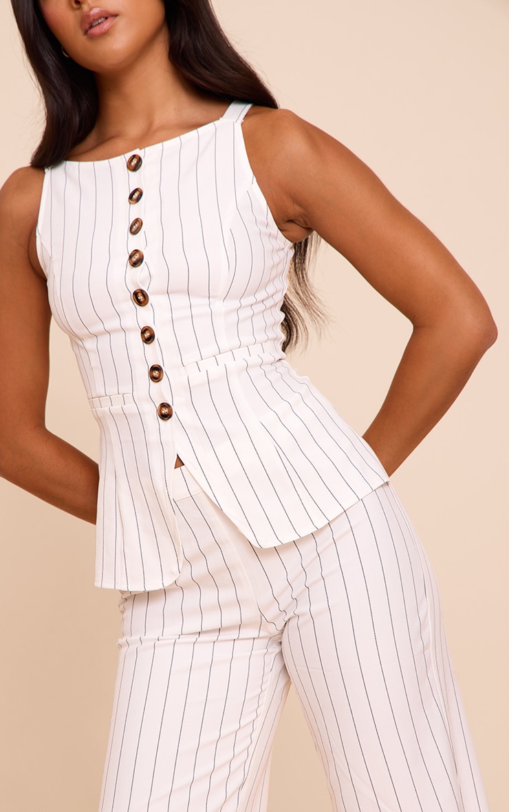 White Pinstripe Linen Button Down Peplum Hem Jumpsuit image 4