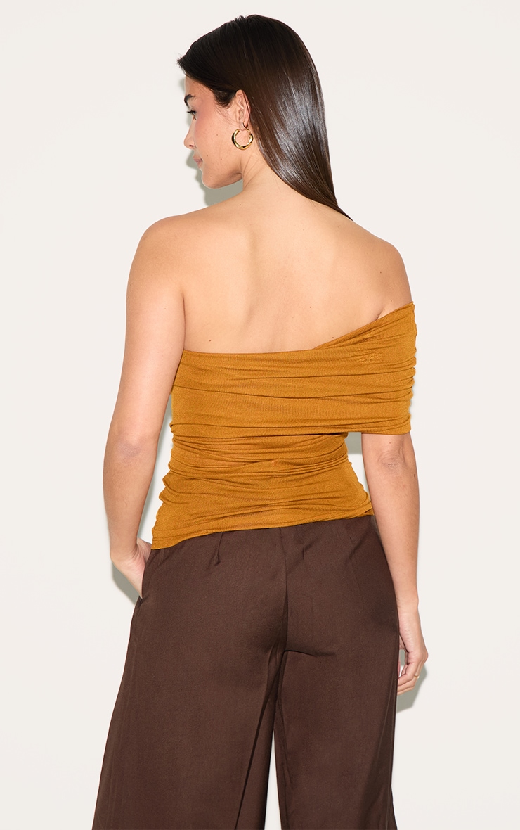 Tan Sheer Soft Touch Fold Over Detail One Shoulder Long Top image 2
