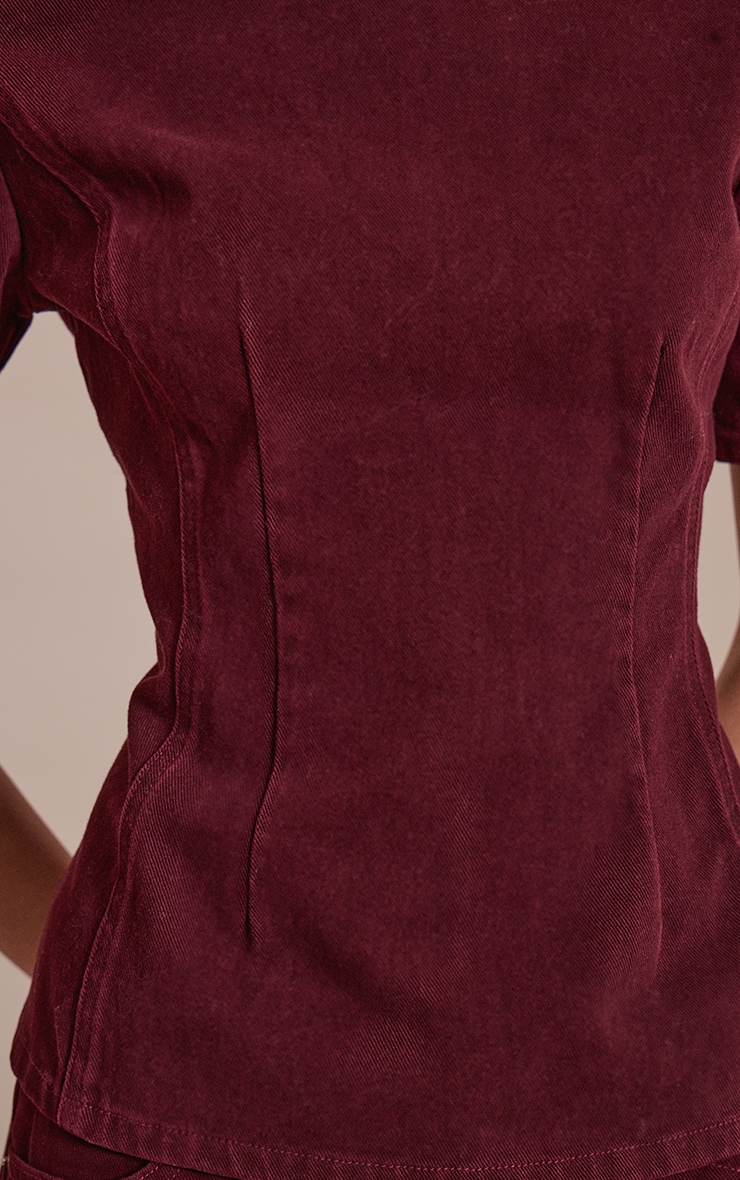 Dark Burgundy Cinched Waist Peplum Denim Top image 4