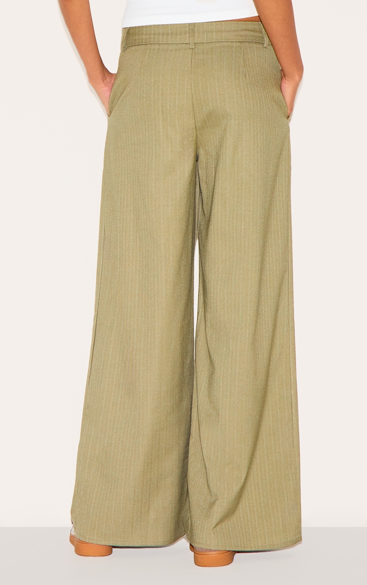 Premium Olive Woven Pinstripe Tailored Straight Leg Pants image 3