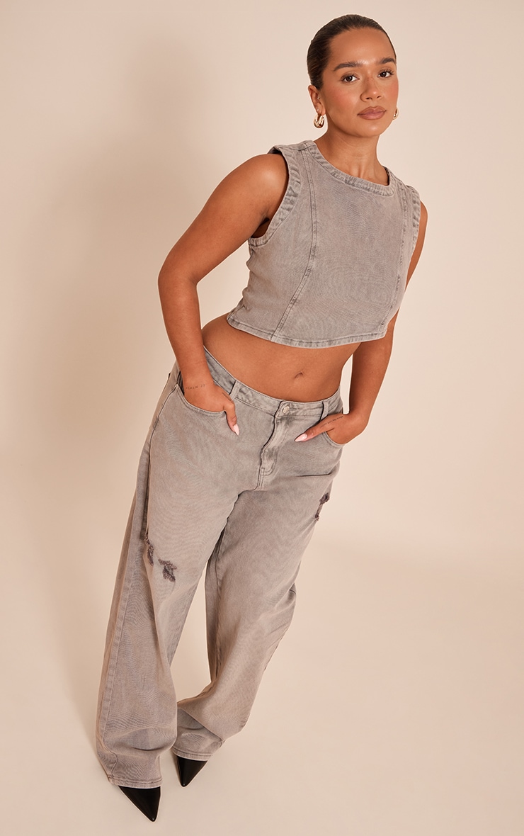 Shape Mushroom Stretch Denim Washed Asymmetric Crop Top image 3