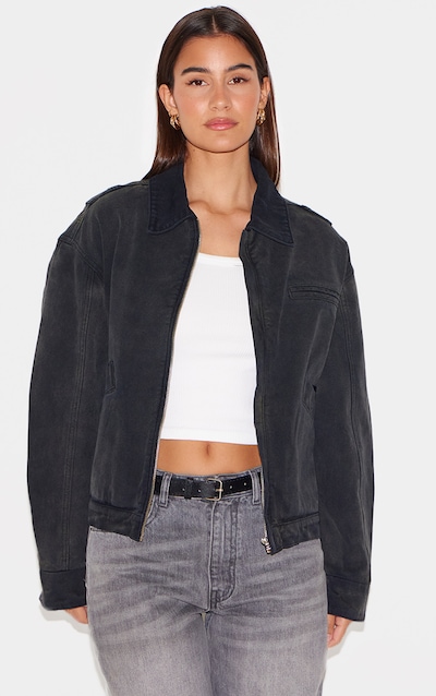 Washed Black Boxy Seam Detail Denim Carpenter Jacket