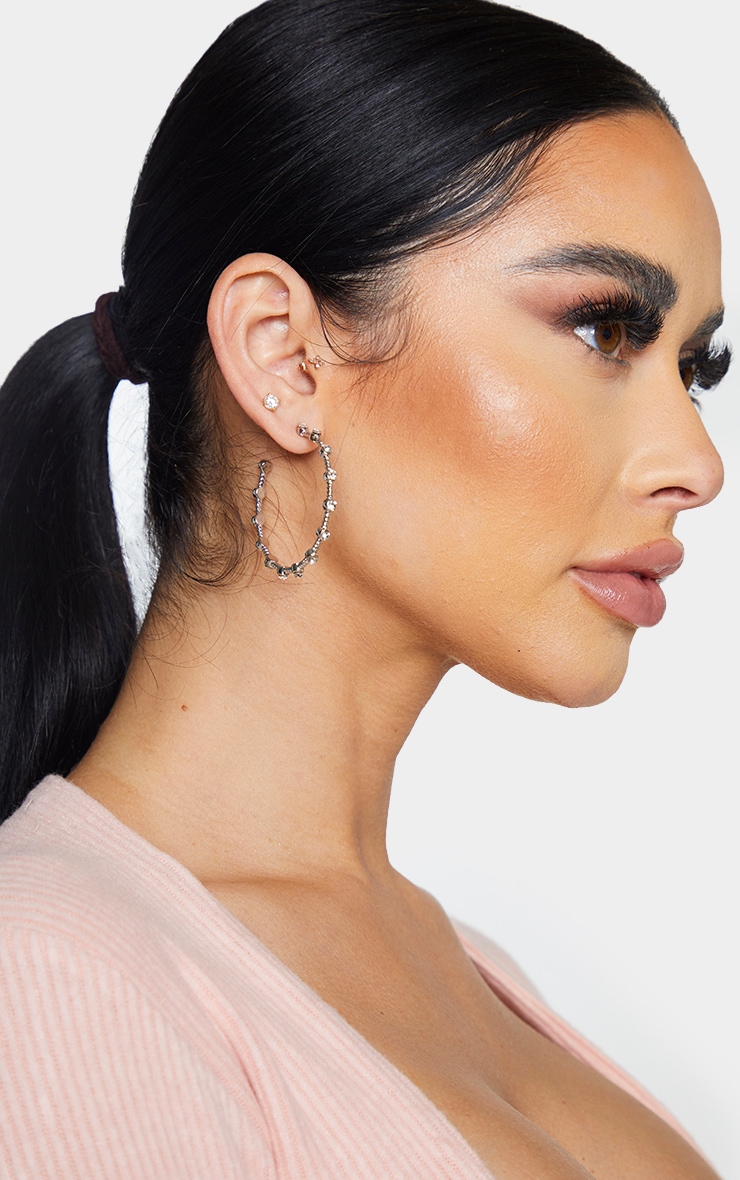 Silver Diamante Inset Large Hoop Earrings
