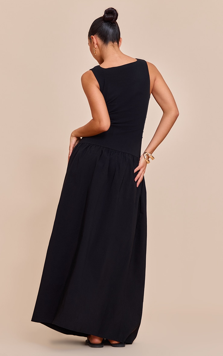 Black Stretch Woven Ruched Detail Drop Waist Maxi Dress image 2