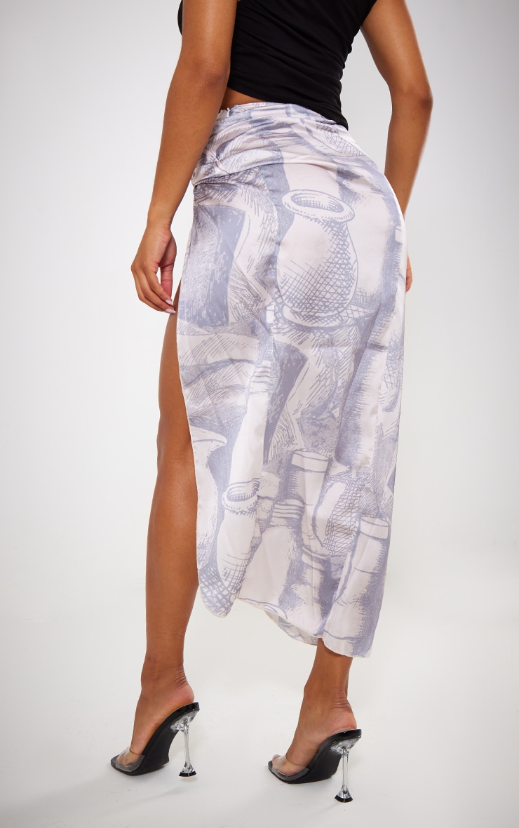 Grey Print Satin Knot Side Midaxi Skirt image 3