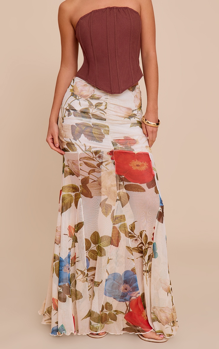 Cream Printed Mesh Overlay Maxi Skirt image 2