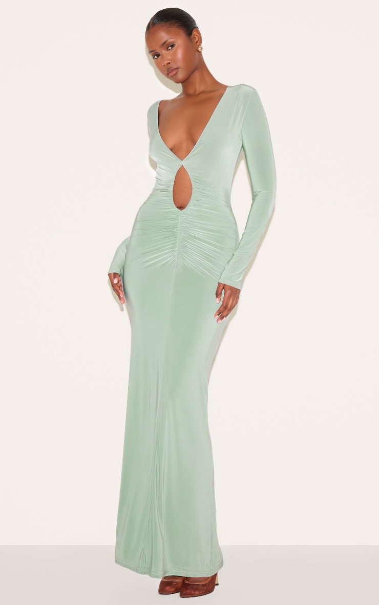 Sage Green Double Layer Plunge Ruched Maxi Dress image 3