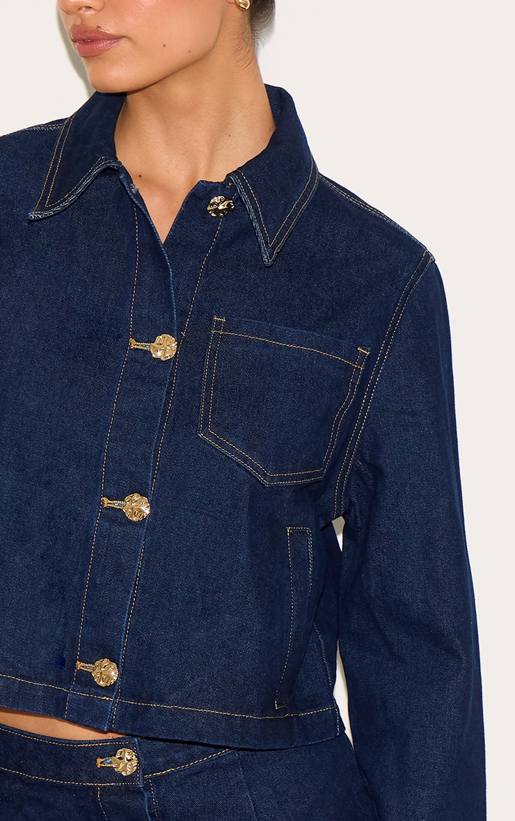 Tall Dark Indigo Button Trim Long Sleeve Denim Shirt image 4