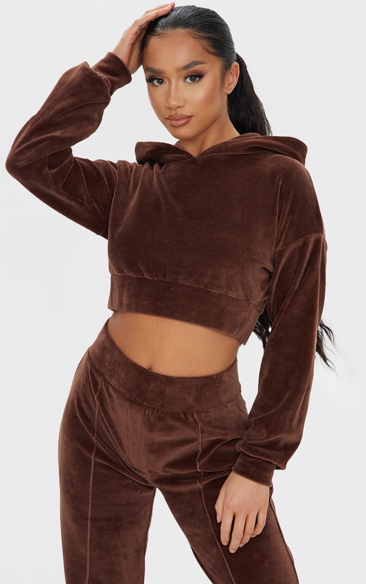 Petite Mocha Velour Elastic Hem Cropped Hoodie