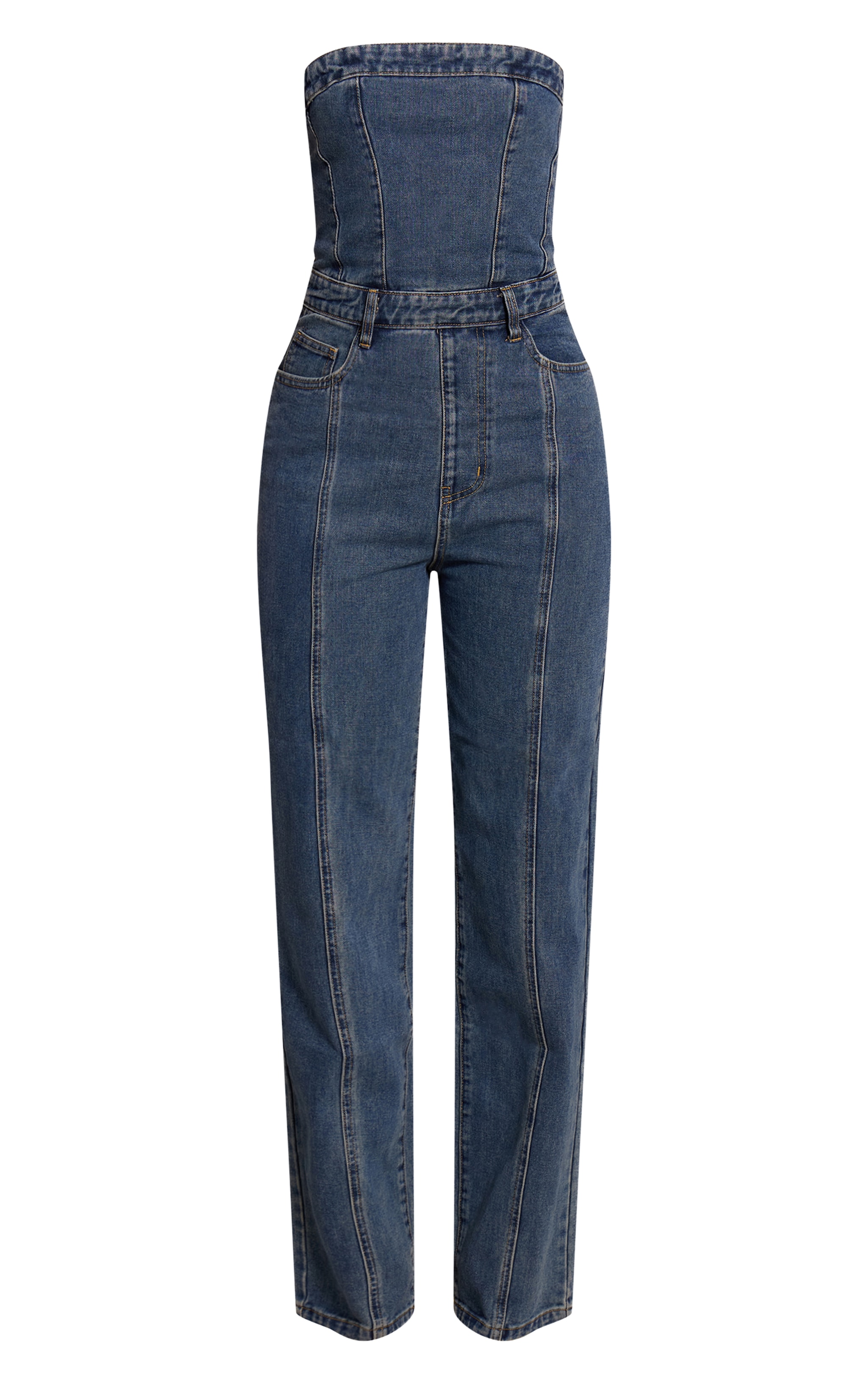 Tall Indigo Vintage Wash Bandeau Style Straight Leg Denim Jumpsuit image 5
