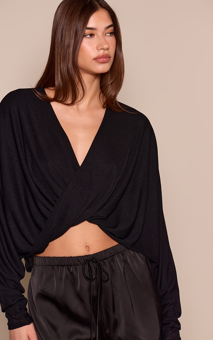 Black Burnout Mesh Twist Front Slouchy Long Sleeve Top image 1