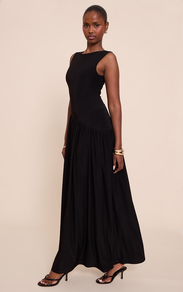 Black Double Layer Soft Touch Asymmetric Dropped Waist Maxi Dress image 3