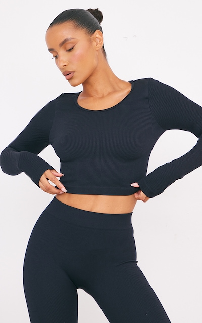 Black Structured Contour Ribbed Round Neck Long Sleeve Crop Top