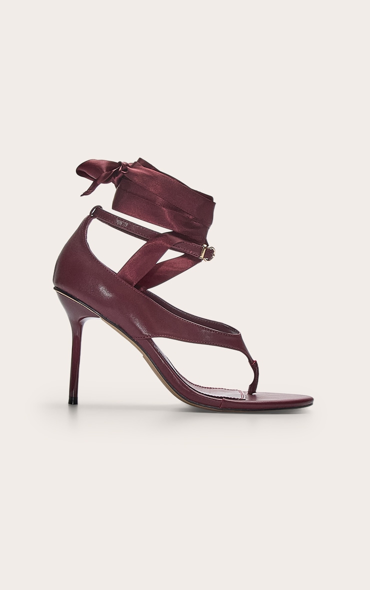 Burgundy Pu Round Toe Thong Ribbon Lace Up High Stiletto Heeled Sandals. image 1