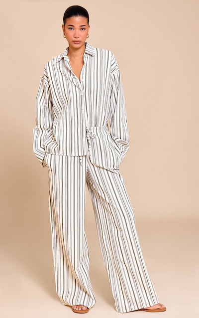 Khaki Striped Mid Rise Wide Leg Pants