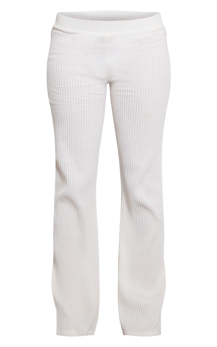 Cream Textured Rib High Waist Flared Trousers image 5