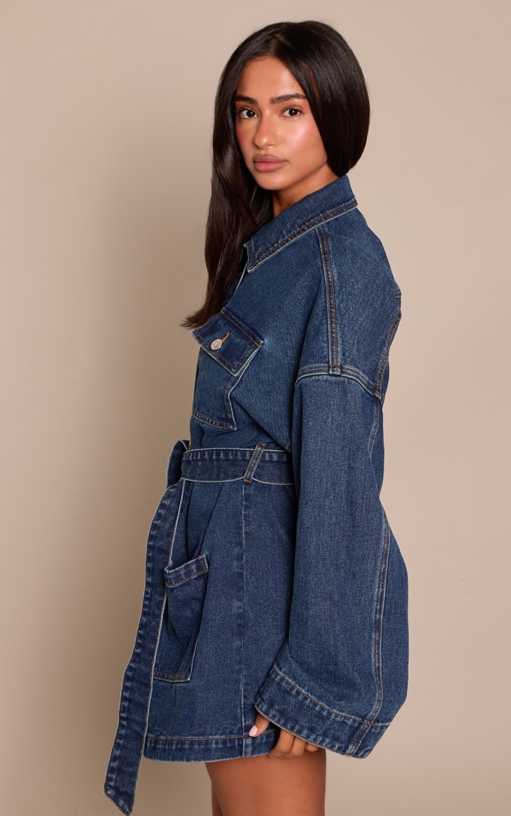 Petite Mid Blue Utility Pocket Tie Waist Denim Dress image 2