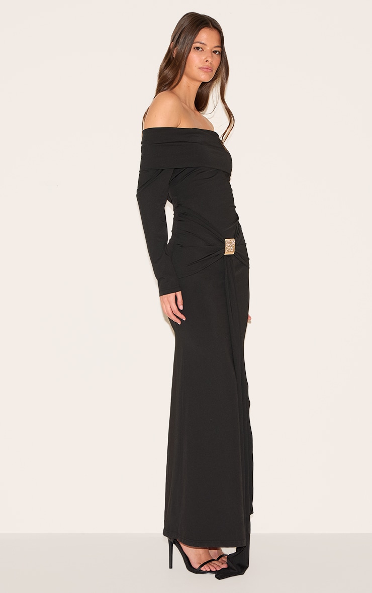 Black Bardot Long Sleeve Trim Drape Detail Maxi Dress image 3