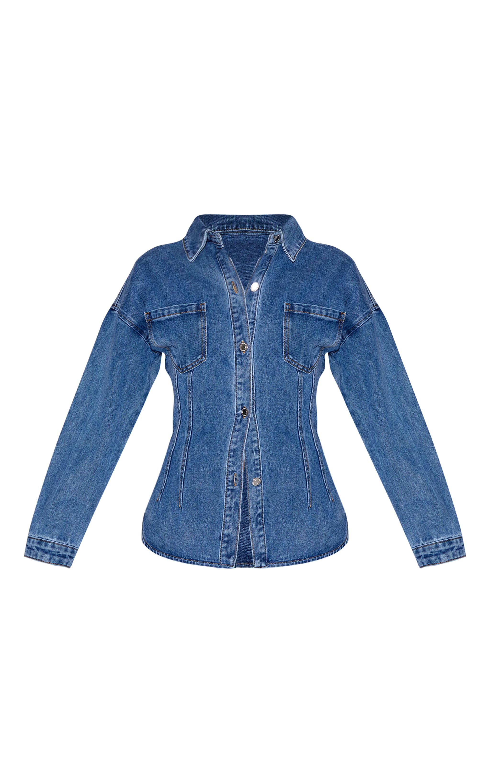 Mid Blue Wash Seam Detail Cinch Waist Longline Shirt image 5