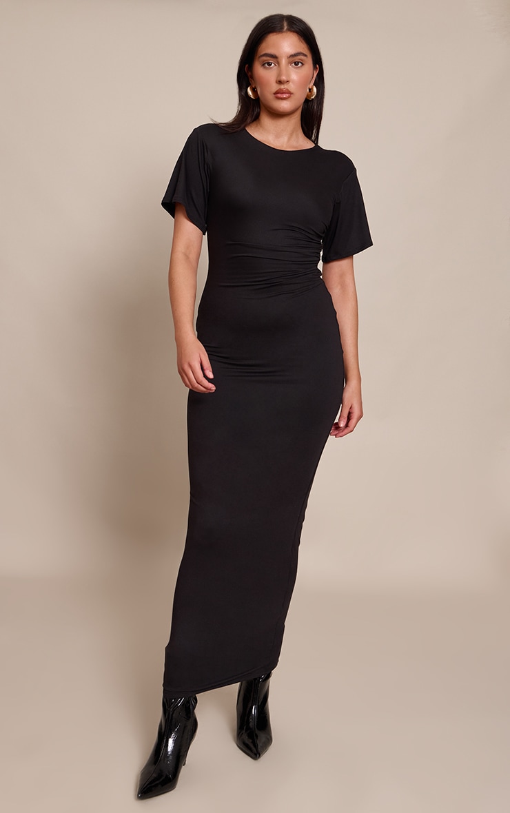 Black Boat Neck Jersey Short Sleeve Maxi Dress image 1