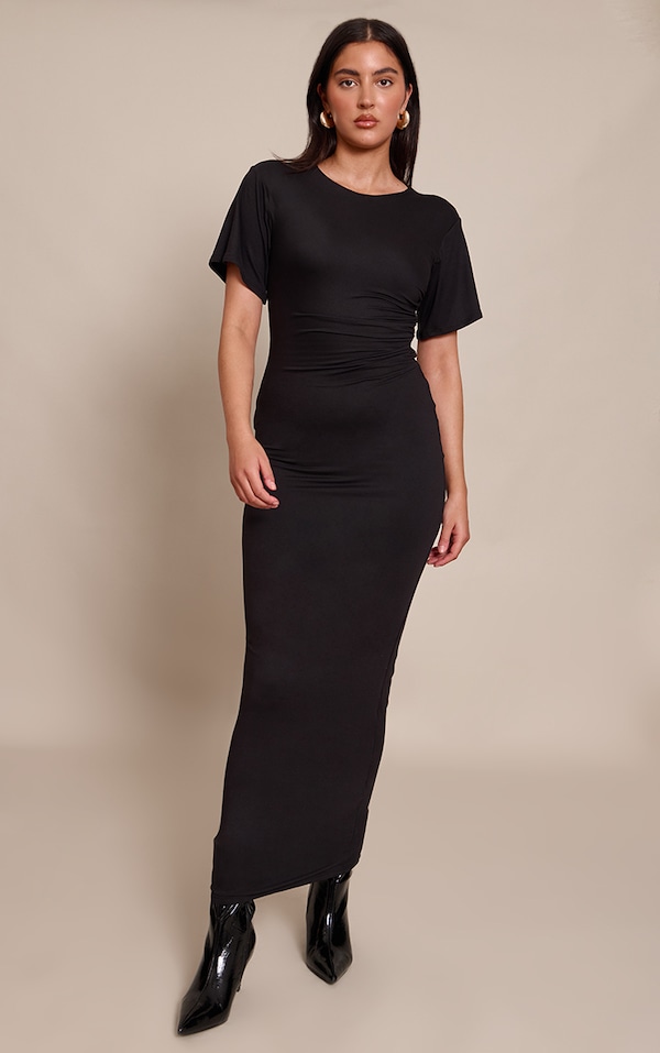 Black Boat Neck Jersey Short Sleeve Maxi Dress