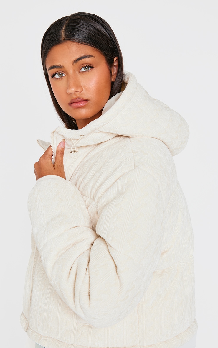 Oatmeal Cable Knit Puffer Coat image 4