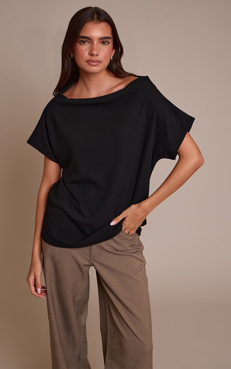 Black Thick Rib Asymmetric Slouchy Long Top