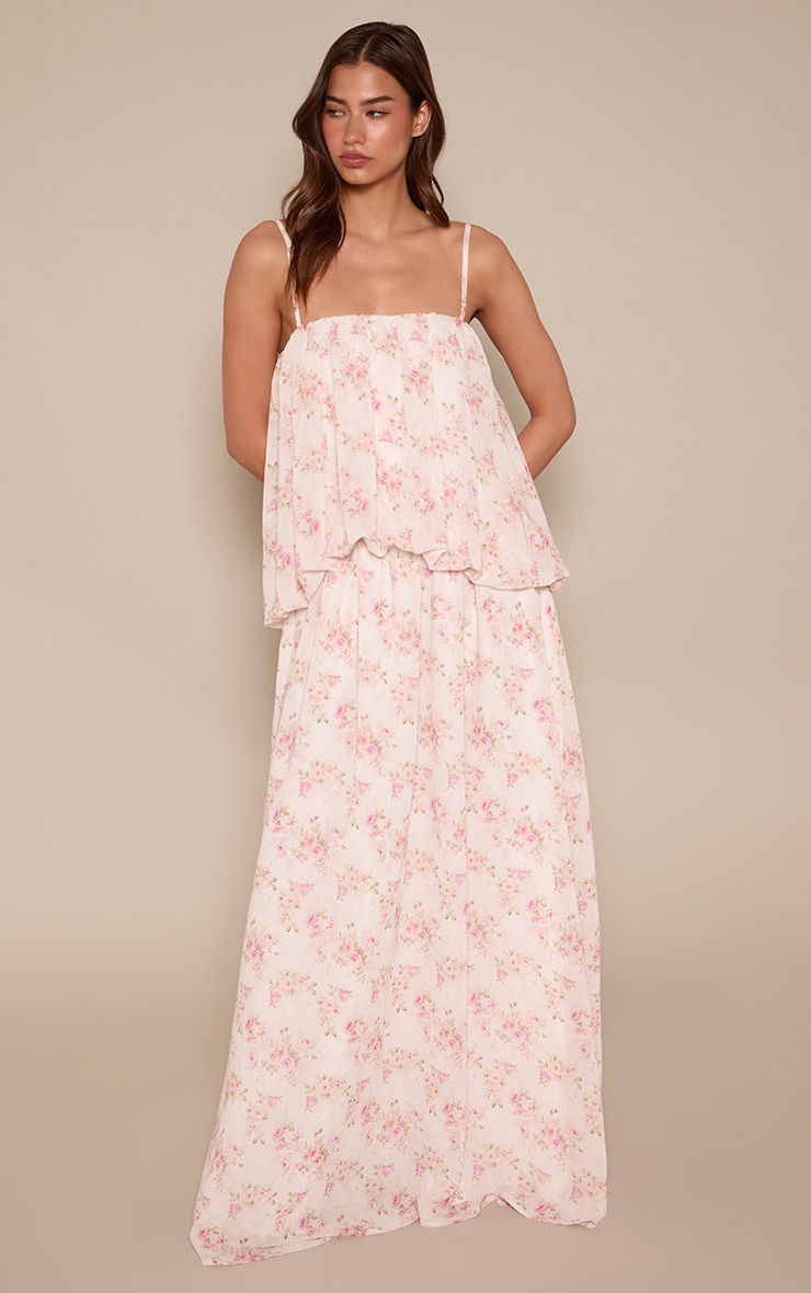 Pink Ditsy Floral Printed Chiffon Puffball Maxi Dress
