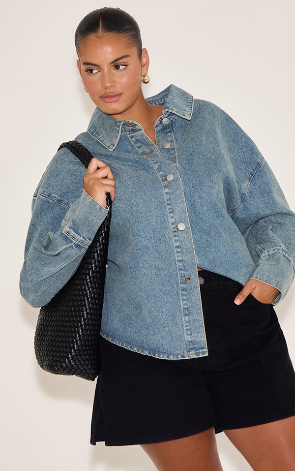 Plus Vintage Balloon Sleeve Denim Shirt