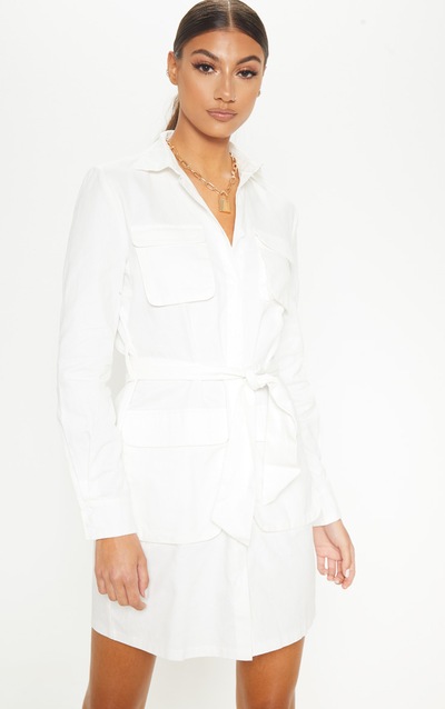 Tall White Utility Tie Waist Shirt Dress